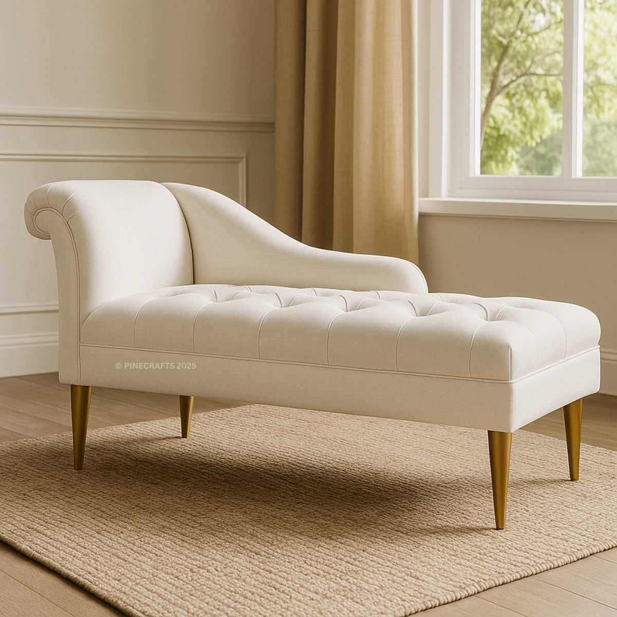 Beige chaise lounge in a room with a window and curtains